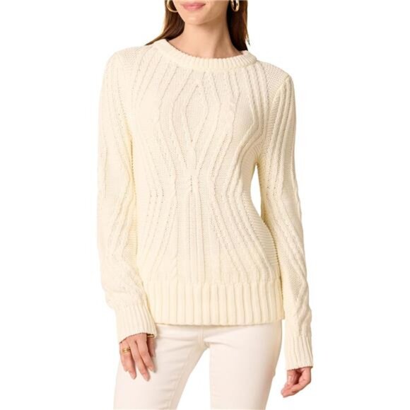 Womens Cable Knit Sweater Cotton Crewneck Long Sleeve Cozy Pullover Fall Winter - Picture 1 of 7